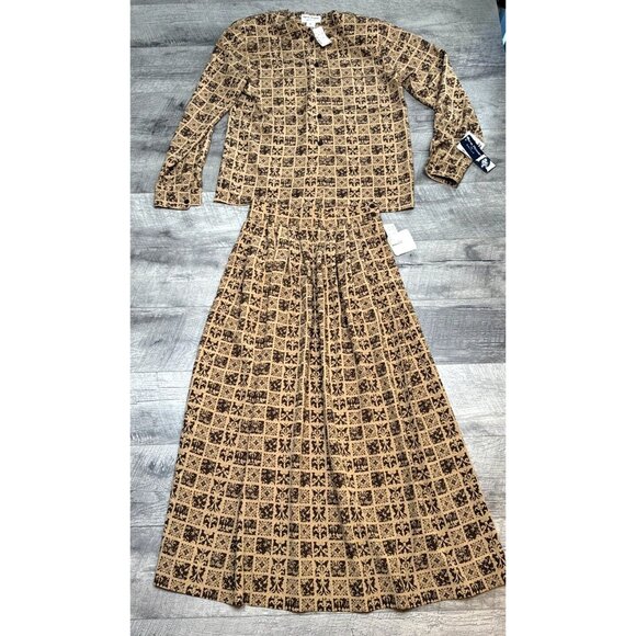 Rena Rowan Skirt 2 Piece Set Womens 10 Tan Button Blouse Pleated Pockets 90s NWT - Picture 1 of 12